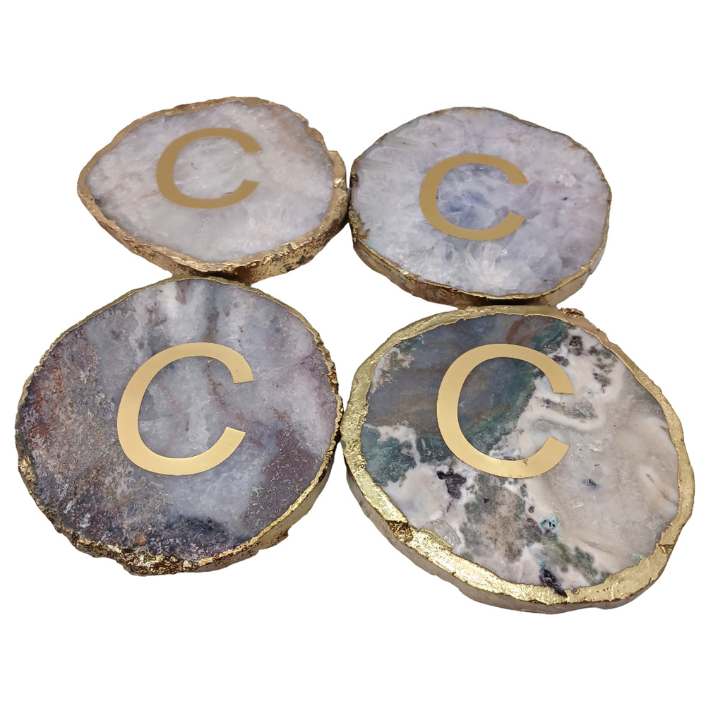 Set of 4 Agate Stone Coasters Gold Edged with Letter C – Natural Crystal Decor